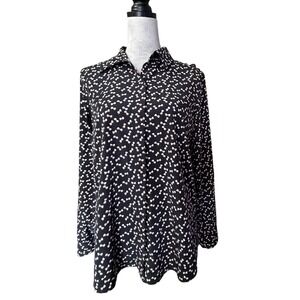 Lauren Conrad Black Tan Bows Print Button Down Blouse Long Sleeve Womens SZ M